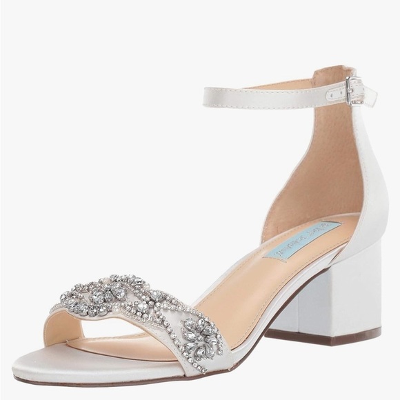 Betsey Johnson Shoes - Betsey Johnson Satin Block Heel Crystal Embellished Sandals in Ivory